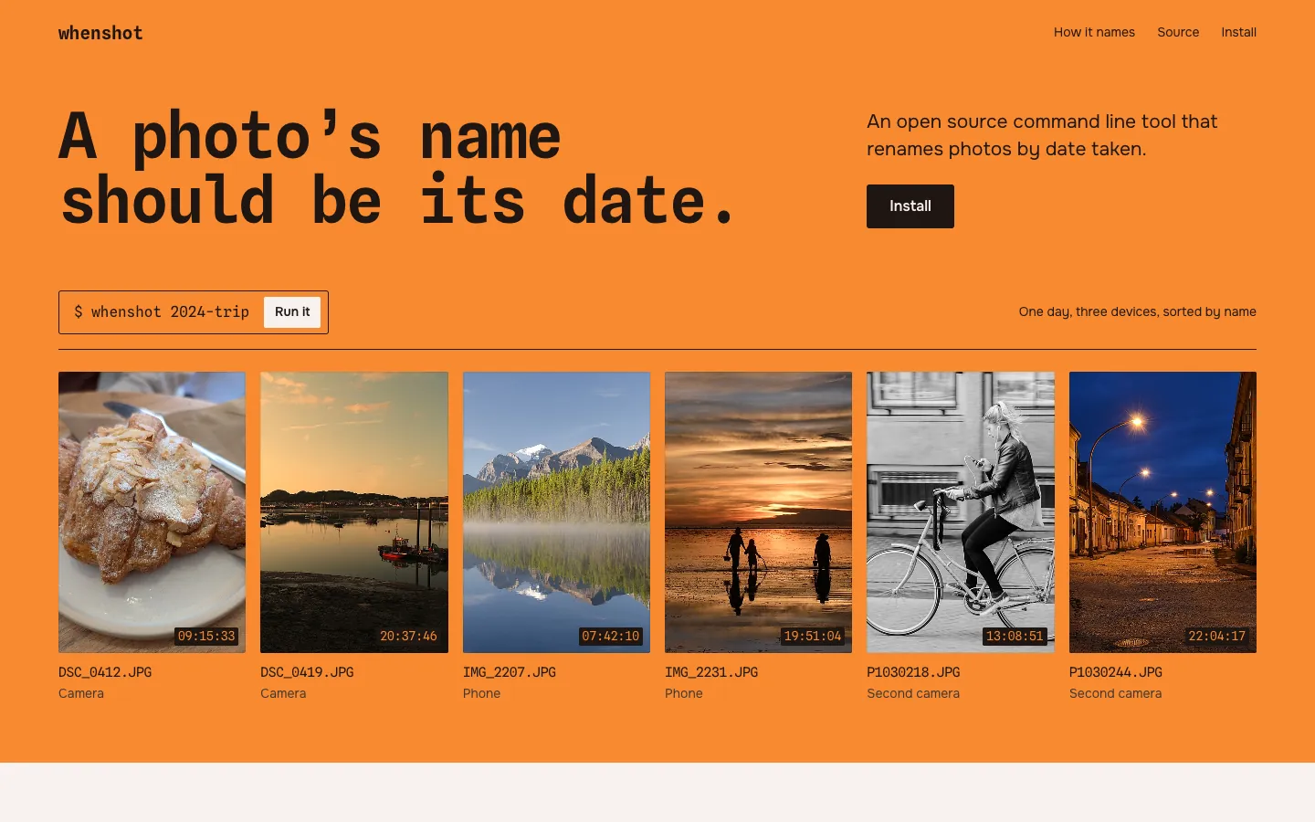 whenshot: six photos with date stamps in a row on orange under the headline A photo's name should be its date.