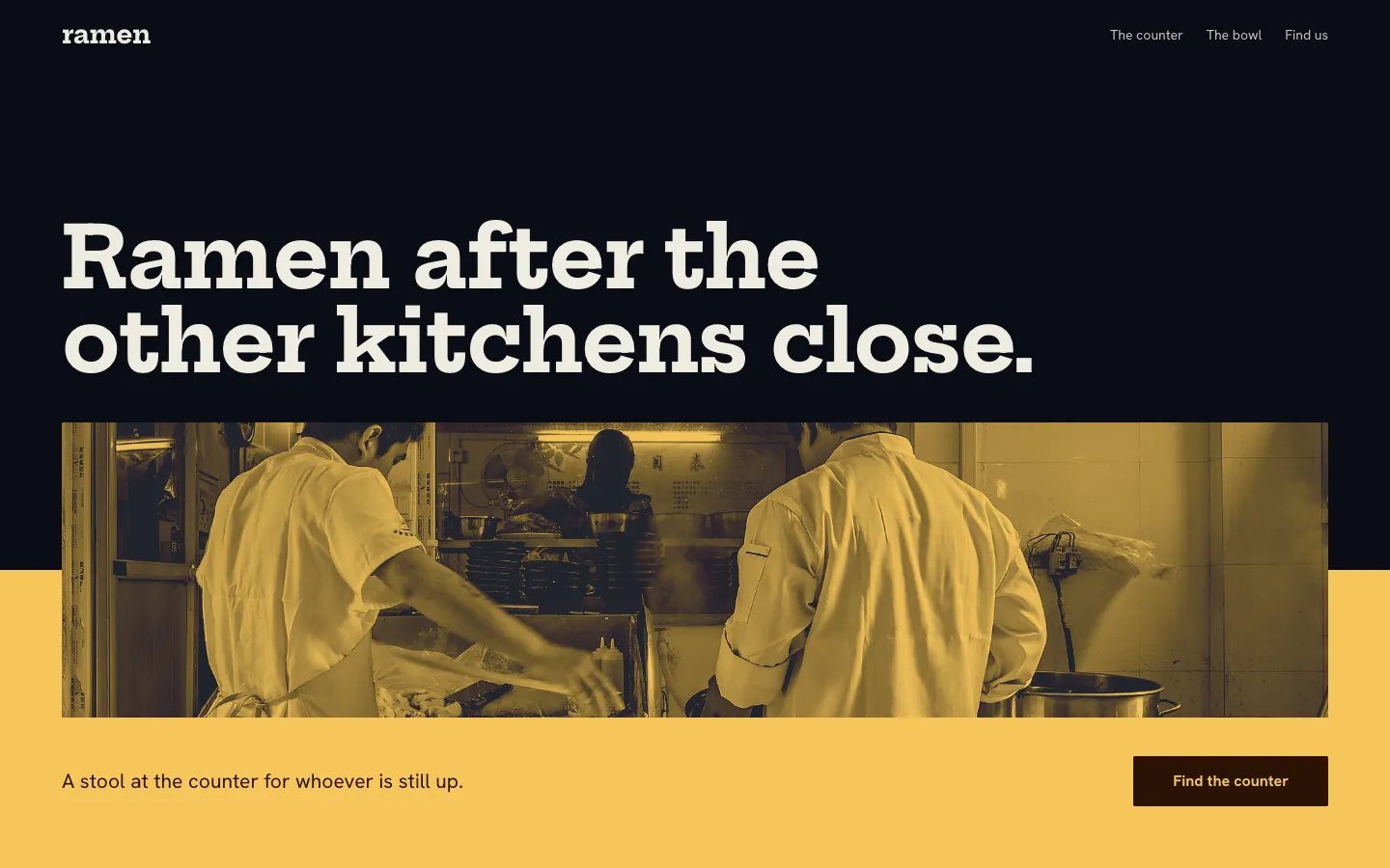 A ramen counter page: cooks at work in a mustard duotone under the headline Ramen after the other kitchens close.