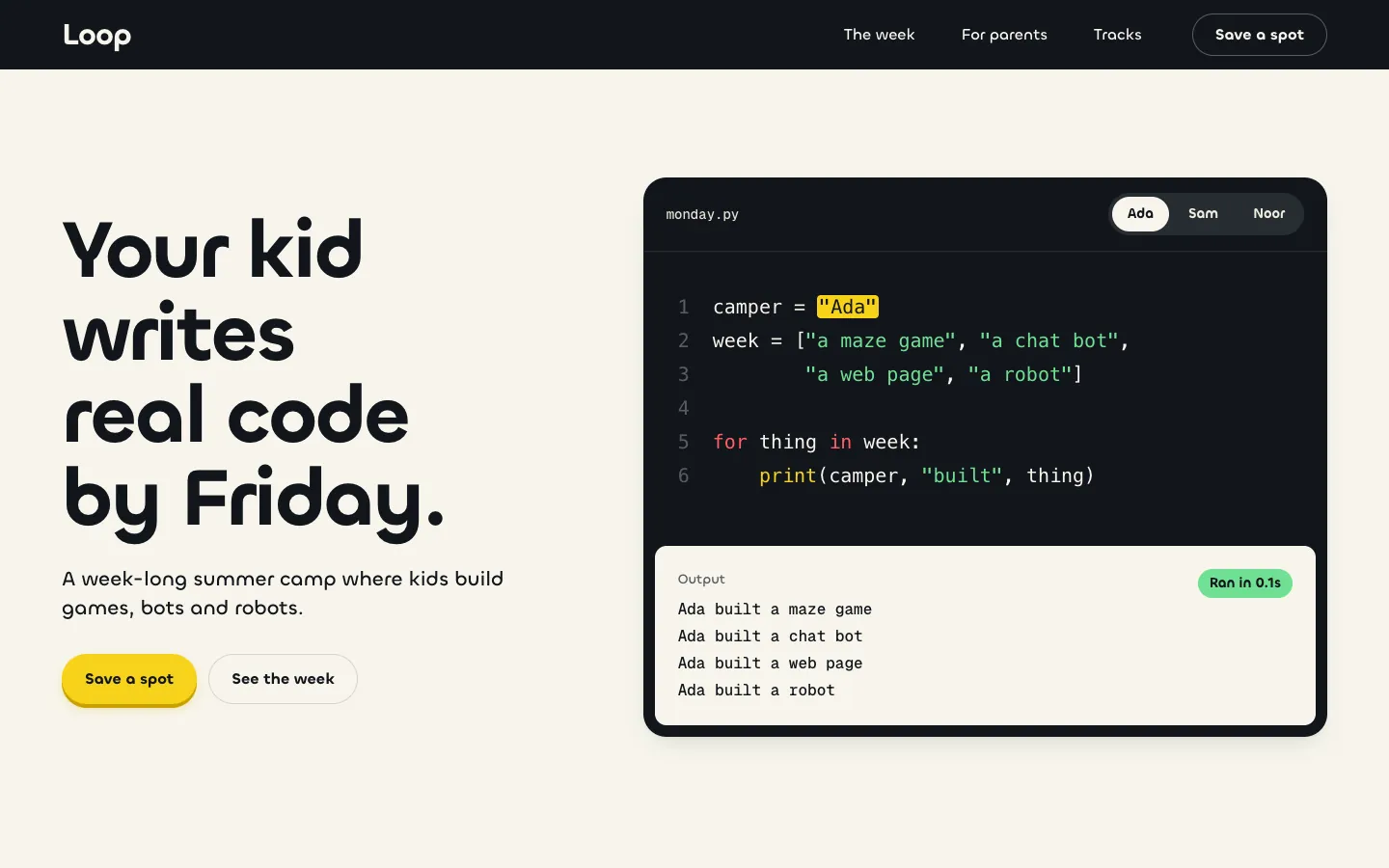 Loop: a code editor with a week of projects beside the headline Your kid writes real code by Friday.