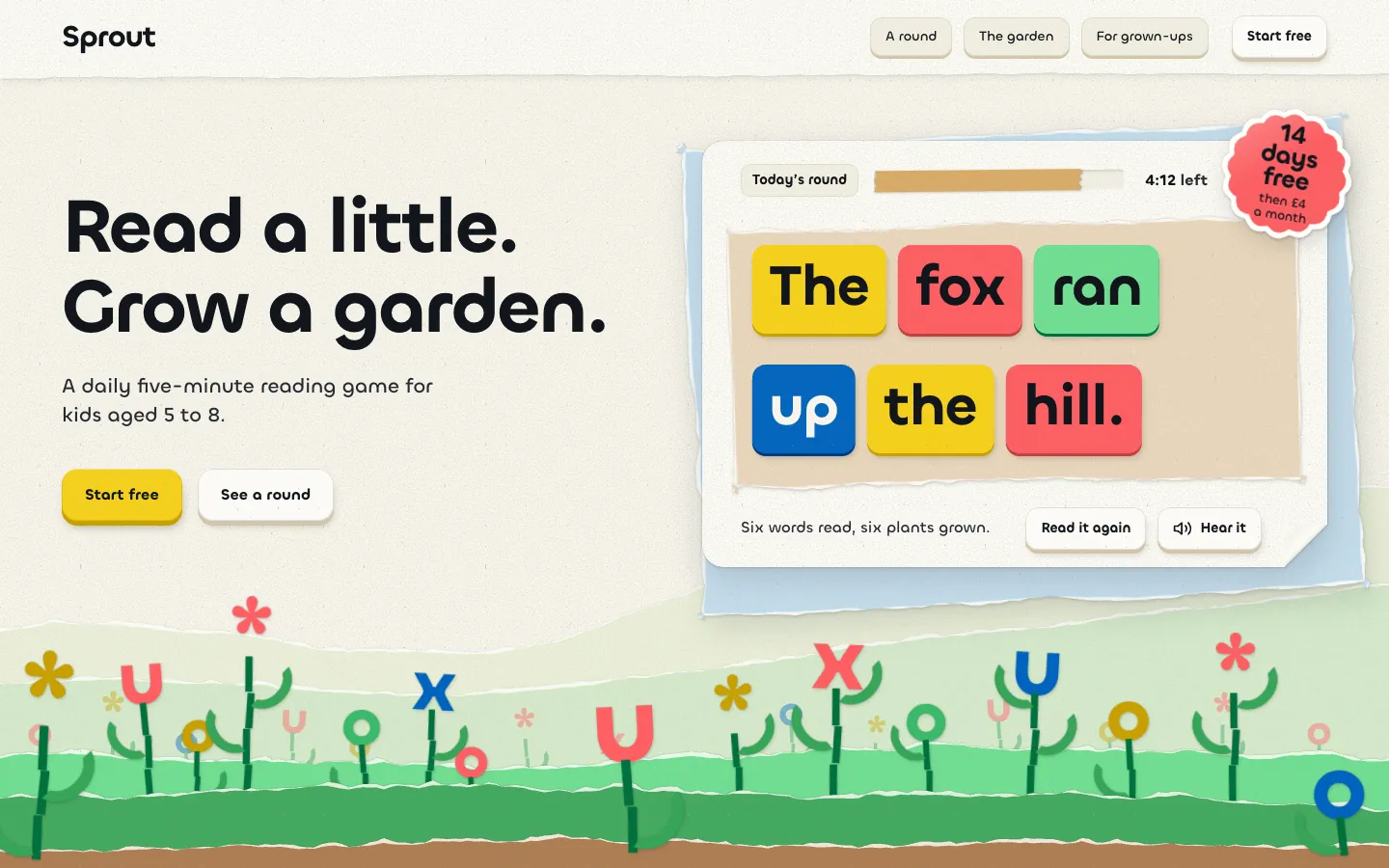 Sprout: a cut-paper garden grown from letters under a reading card with the sentence The fox ran up the hill.