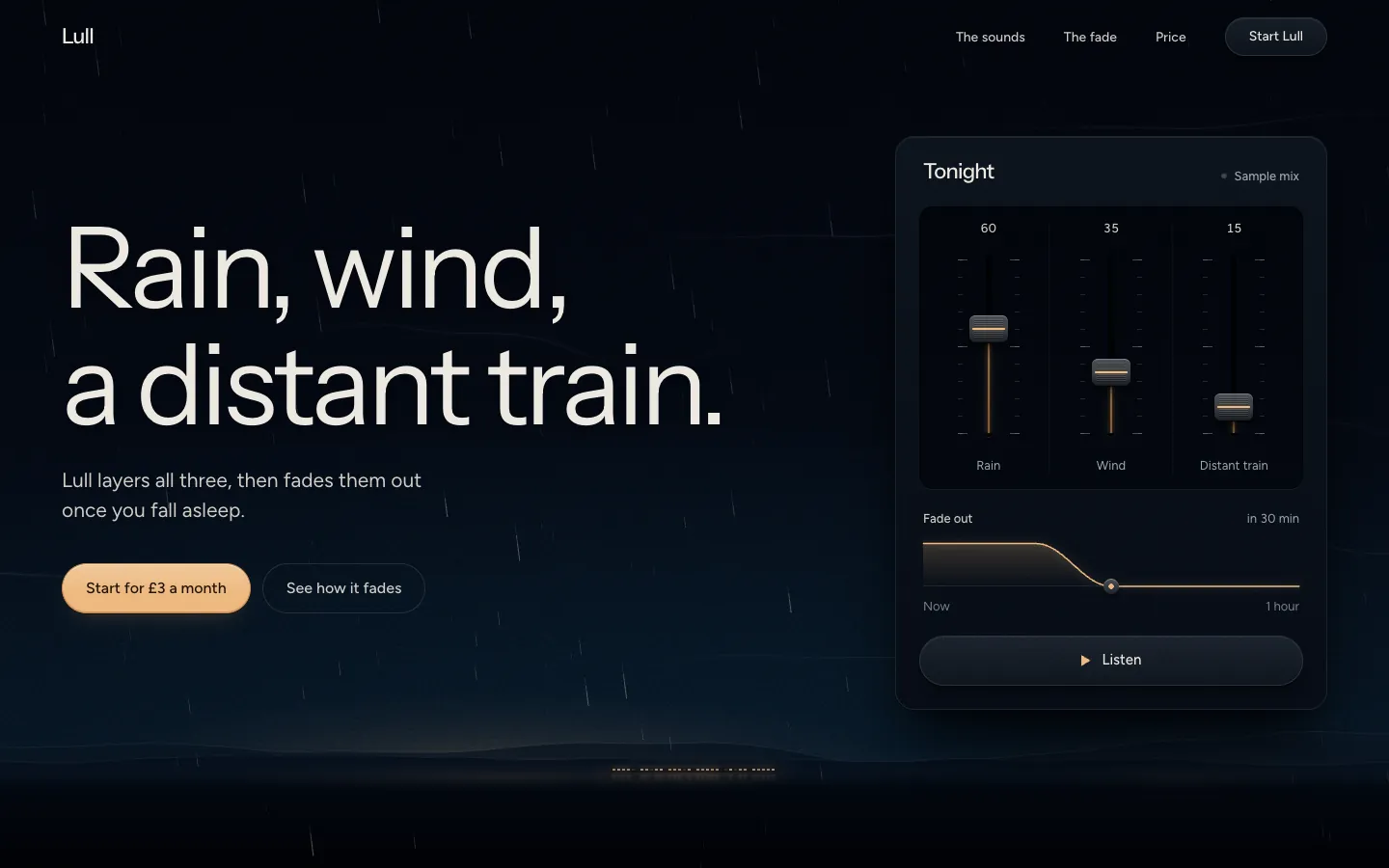 Lull: a rainy night horizon with a distant train beside a mixer of three faders under the headline Rain, wind, a distant train.
