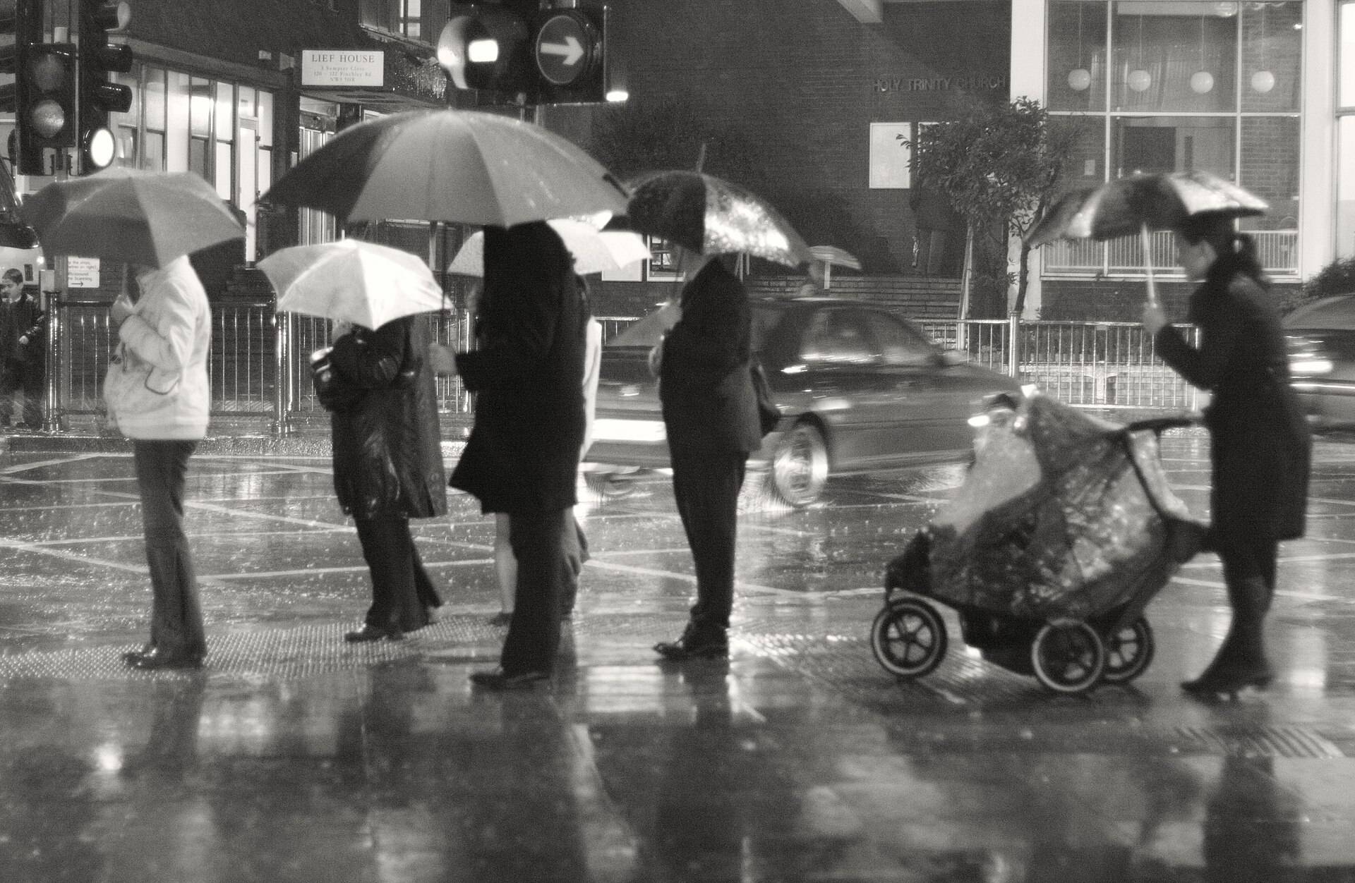 People under umbrellas waiting at a crossing on a wet street